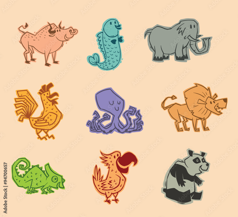 Vector Animal Set. Cartoon image of a set of animals: bull, fish, elephant,  cock, octopus, lion, chameleon, parrot, panda, different colors on a light  pink background. Stock Vector | Adobe Stock