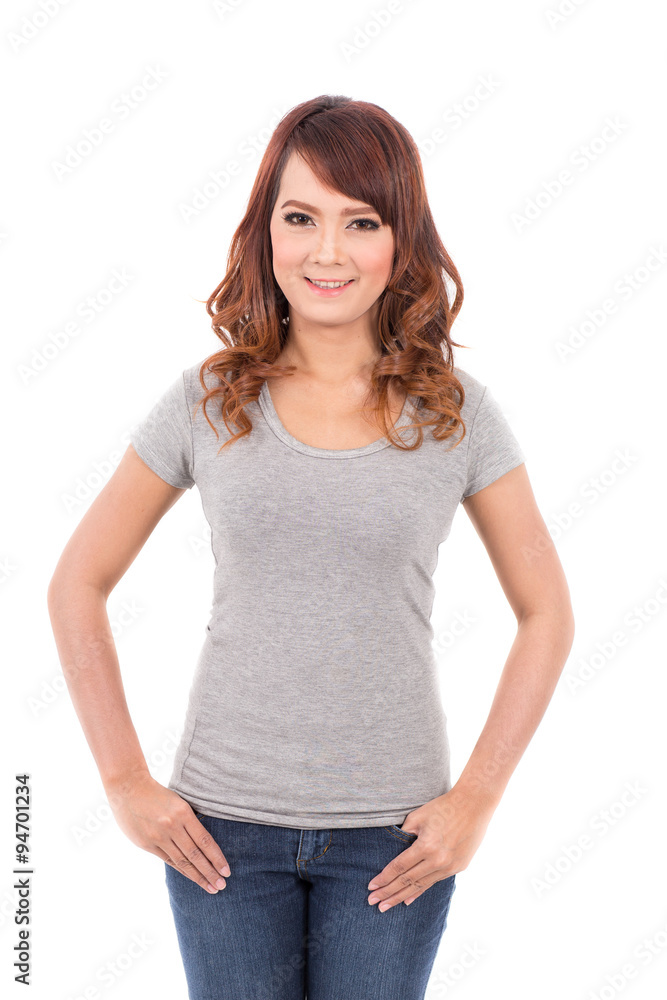 happy teenage girl in blank gray t-shirt on white background happy teenage girl in blank gray t-shirt on white background