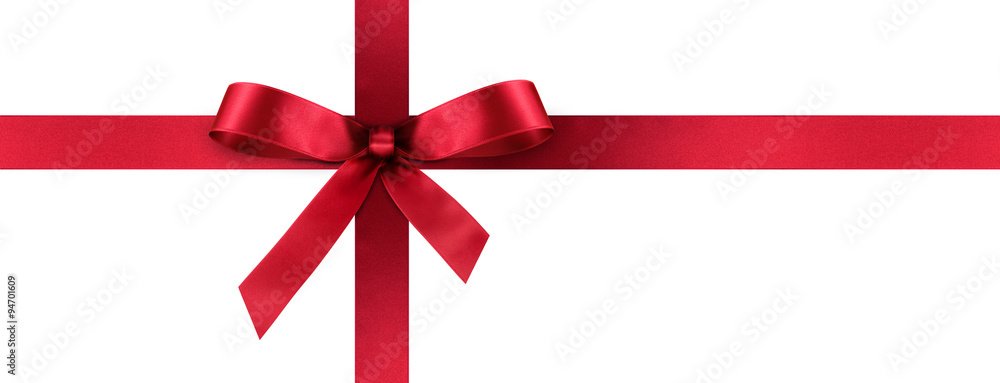 Rote Geschenkschleife und Geschenkband aus rotem Satin Panorama - Geschenk, Schleife, Band - Isoliert - weißer Hintergrund. Banner Vorlage für Grußkarten und Postkarten.