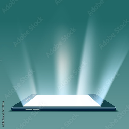 Black smartphone with white screen.