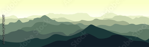 Green mountain landscape in the summer morning. Horizontal vector illustration.