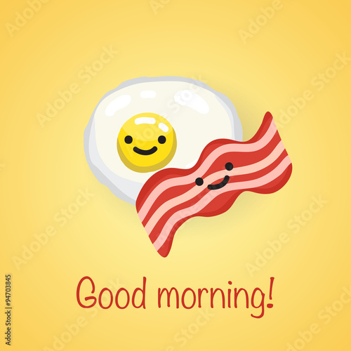 Omelette and bacon with text "Good morning!"