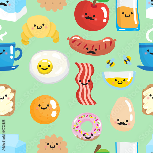 Seamless pattern with smiling breakfast food.