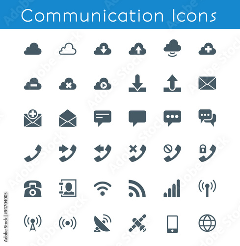 Communication Icons. 36 glyph icons. Build on 16px grid pixel perfect.