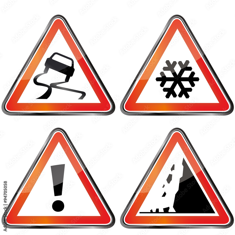 Panneaux signalisation : verglas, neige, danger, chute de pierres  Illustration Stock | Adobe Stock