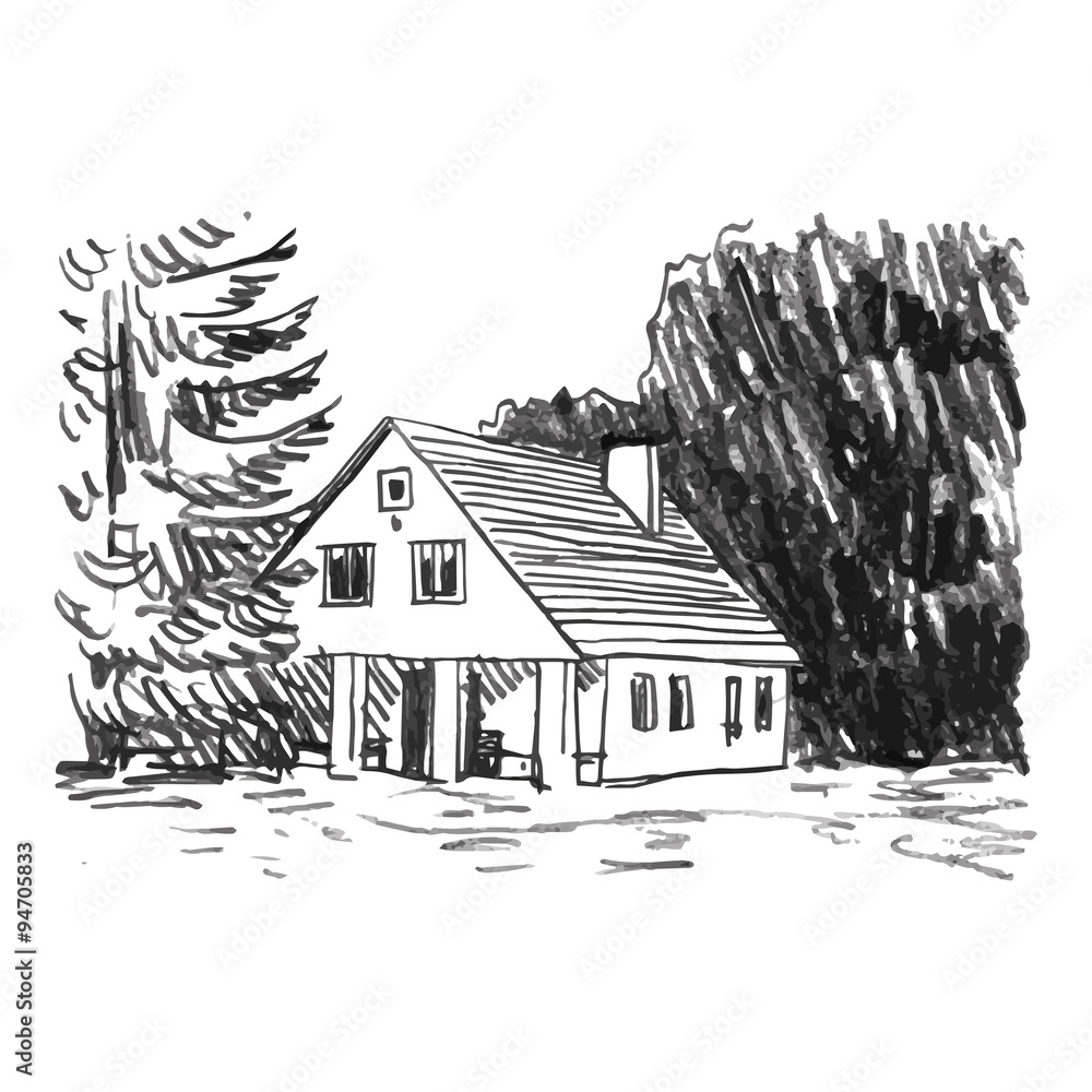 View of the country house in the woods. Vector freehand pencil sketch.  Stock Vector | Adobe Stock