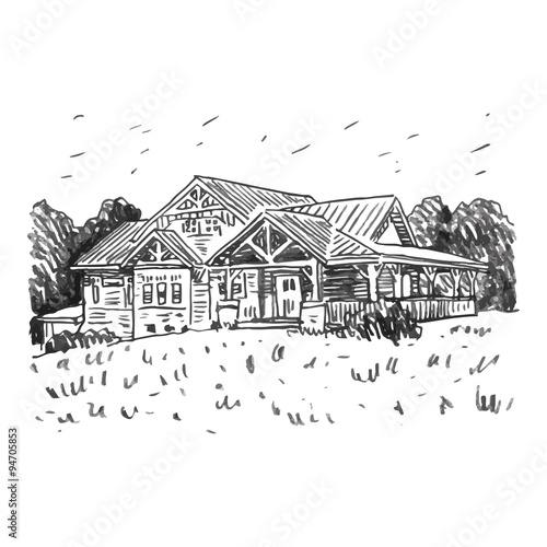 A sketch of a country house. Vector freehand pencil drawing.