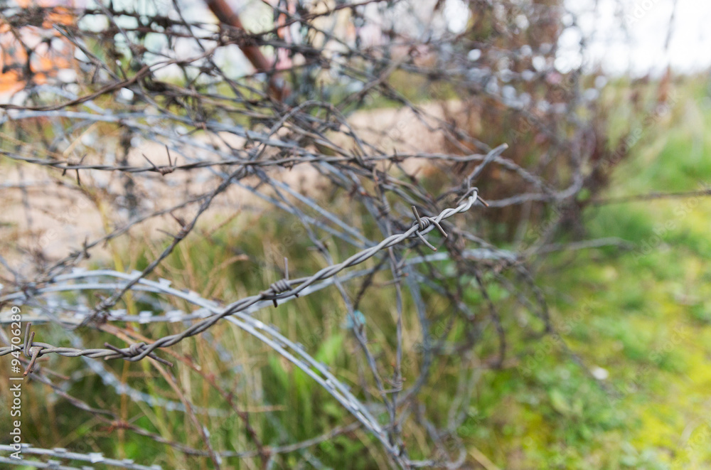 barb wire fence over gray sky barb wire fence over gray sky