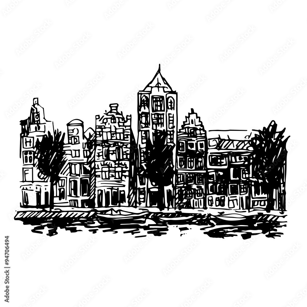 Obraz premium Vector illustration of embankment in Amsterdam (Holland, Netherlands, Europe). Historical building line art. Hand drawn sketch