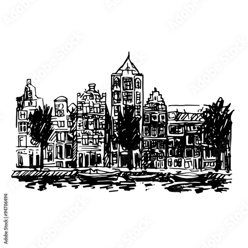 Vector illustration of embankment in Amsterdam (Holland, Netherlands, Europe). Historical building line art. Hand drawn sketch