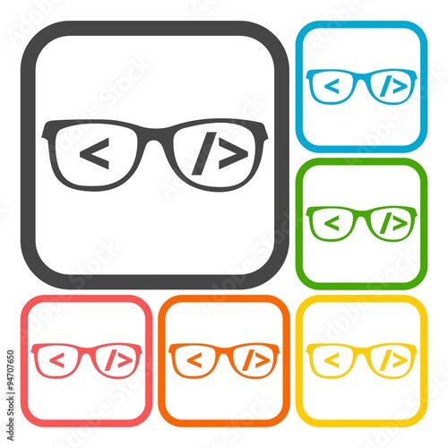 Coder sign icon, Glasses icon, Programmer symbol set