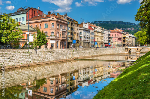 Buildings in Sarajevo over the river Miljacka - Bosnia and Herze