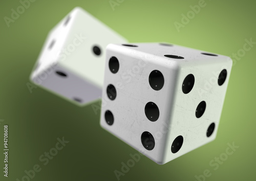 Fotografie Two die (dice) captured rolling in mid air. Throwing dice in cas