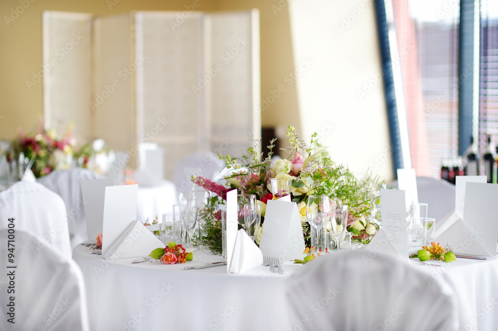 Table set for an event party or wedding reception Table set for an event party or wedding reception