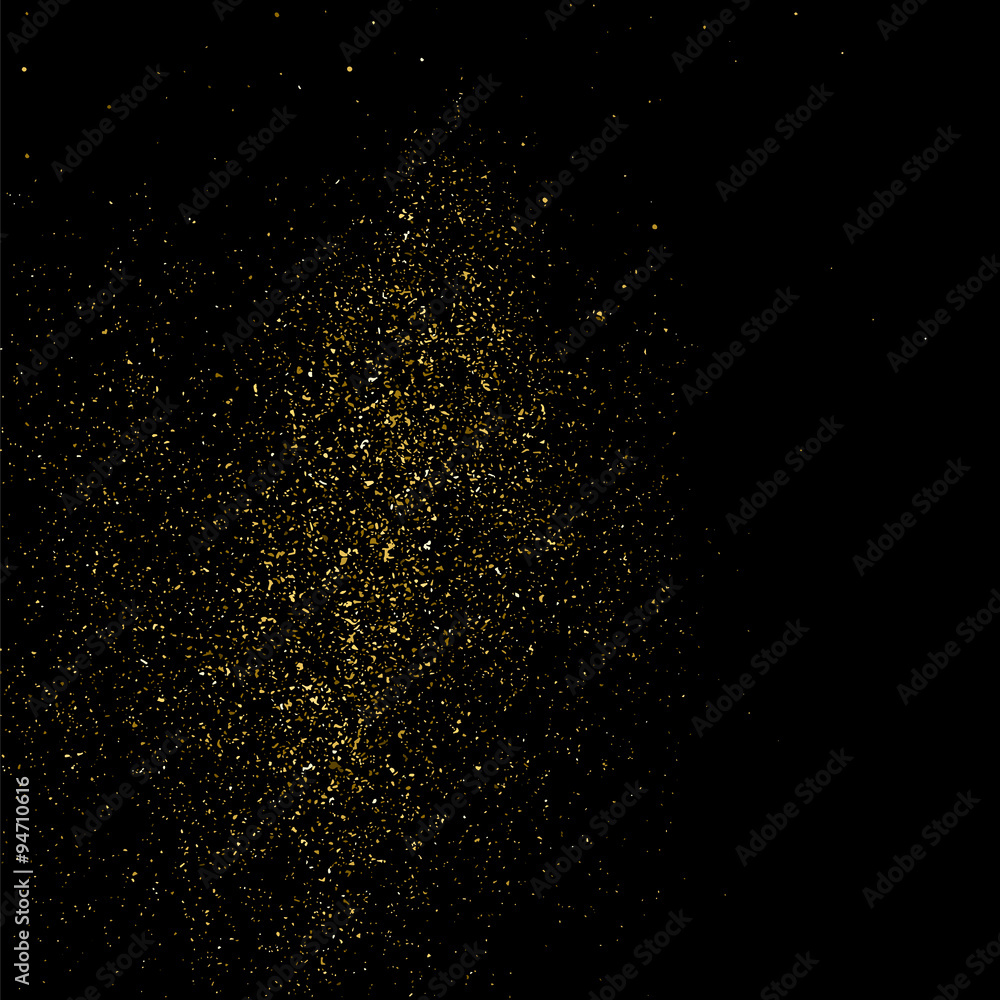 Gold glitter texture on a black background. Golden explosion of confetti. Golden grainy abstract  texture on a black  background. Design element. Vector illustration,eps 10.