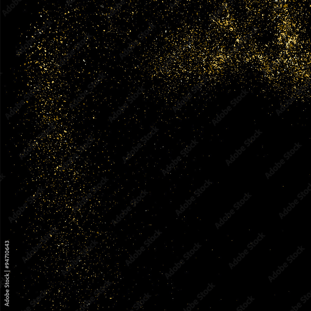 Gold glitter texture on a black background. Golden explosion of confetti. Golden grainy abstract  texture on a black  background. Design element. Vector illustration,eps 10.