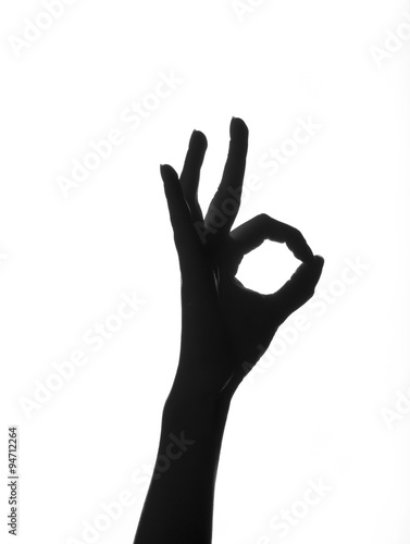 female hand showing "OK" on a white background