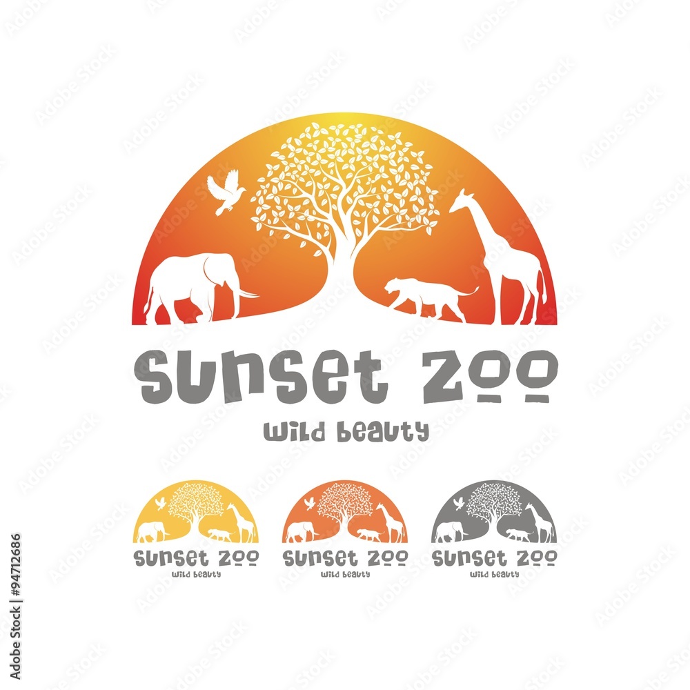 Sunset Zoo Logo Design. Visual drawing silhouette of animal in safari with  wild and sunset background for vector illustration,travel concept Stock  Vector | Adobe Stock