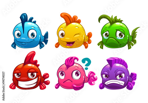 Cute cartoon colorful fishes set