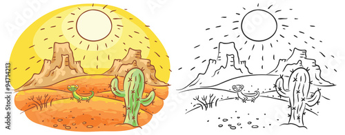 Cartoon lizard and cactus in the desert, cartoon drawing, both colored and black and white