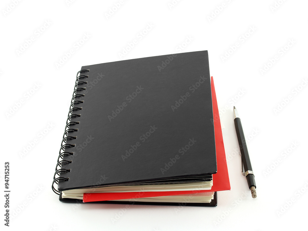 hardcover notebook with envelope inserted and pencil isolated on white hardcover notebook with envelope inserted and pencil isolated on white