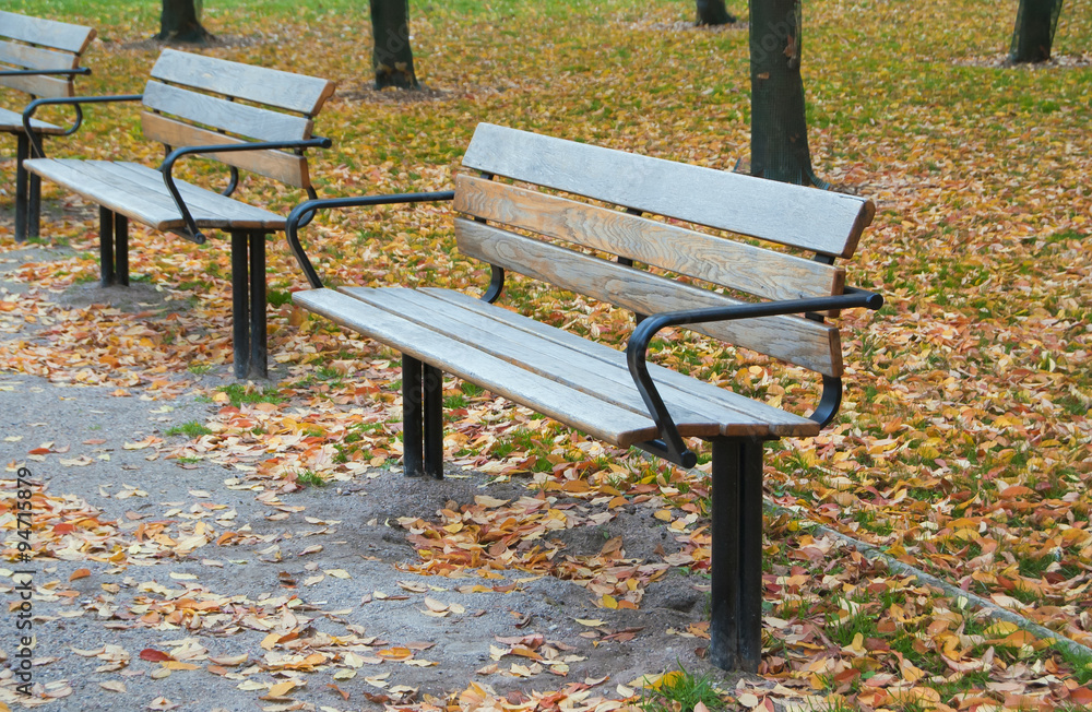 Wooden benches in city park at autumn. Wooden benches in city park at autumn.