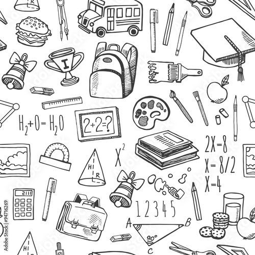 School tools sketch black and white seamless vector pattern.