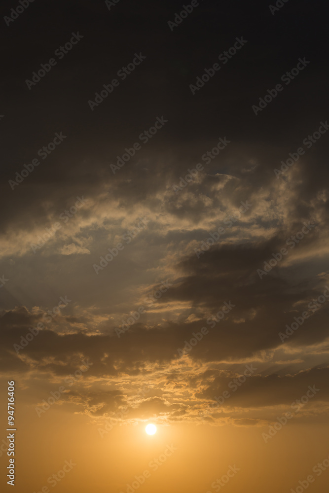 sunset sky background, light rays of sunbeam in evening