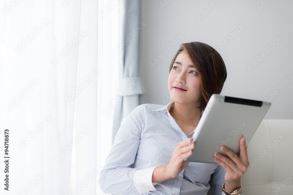 business and technology concept - businesswoman with tablet at h business and technology concept - businesswoman with tablet at h