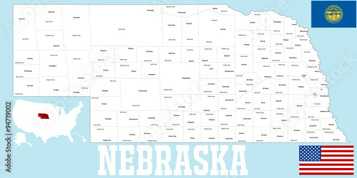 A large and detailed map of the State of Nebraska with all counties and main cities.