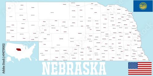 A large and detailed map of the State of Nebraska with all counties and main cities. photo