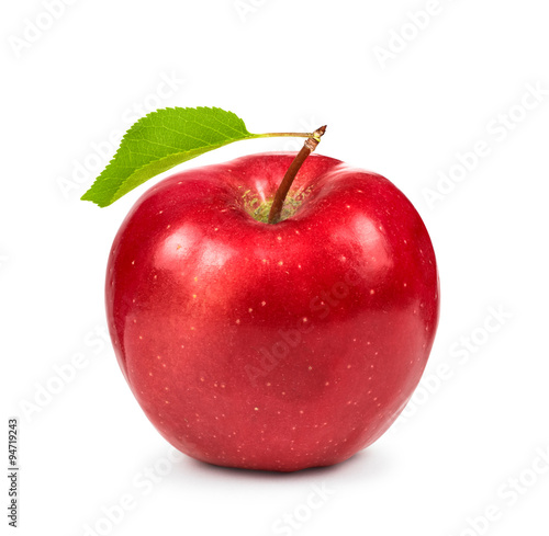 ripe red Apple with green leaf isolated on white background