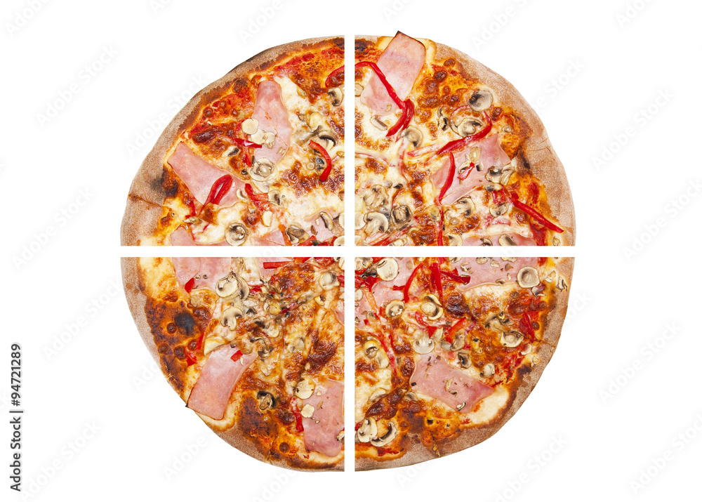 Pizza cut in four pieces isolated on white background Stock-Foto ...