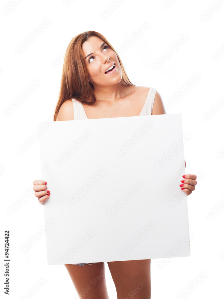 portrait of a young woman holding a banner portrait of a young woman holding a banner