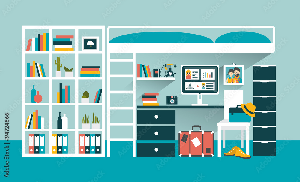 Office workplace with computer and book shelves under bunk bed. Flat design vector illustration.