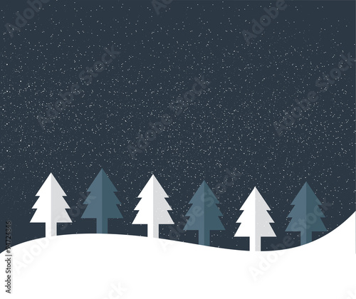 Christmas tree land. Snow flakes falling in the night. Simply flat design.