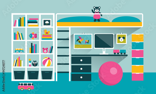 Kids room. Children furniture with bunk bed and table. Flat design vector illustration.