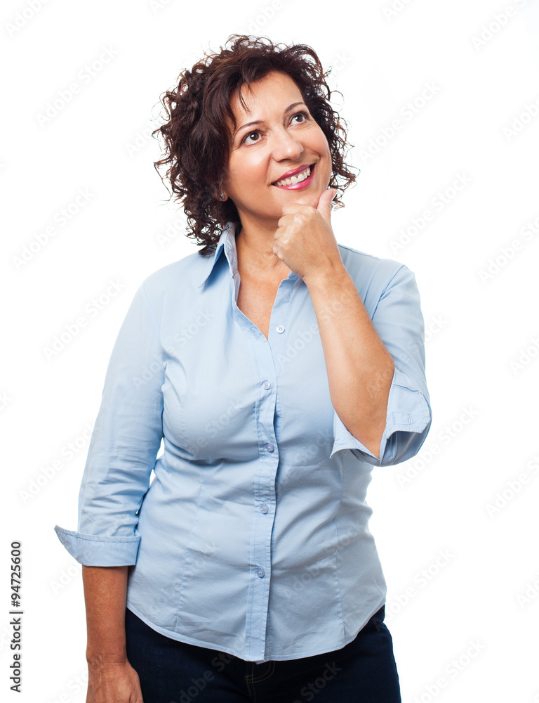 portrait of a mature woman with pensive gesture on a white background portrait of a mature woman with pensive gesture on a white background
