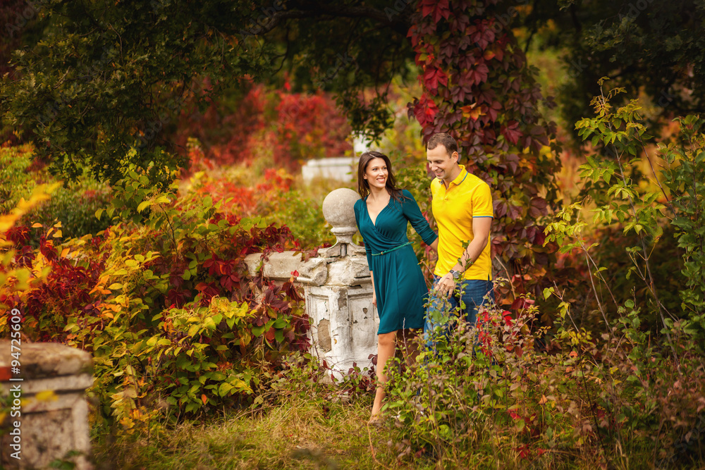 Fototapeta premium Couple, ancient place and autumn