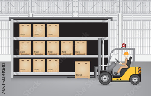 Vector of warehouse interior, modern building with operator to stock cardboard box, pallet to shelf storage by forklift for logistic, shipping and delivery. Freight transport and distribution industry