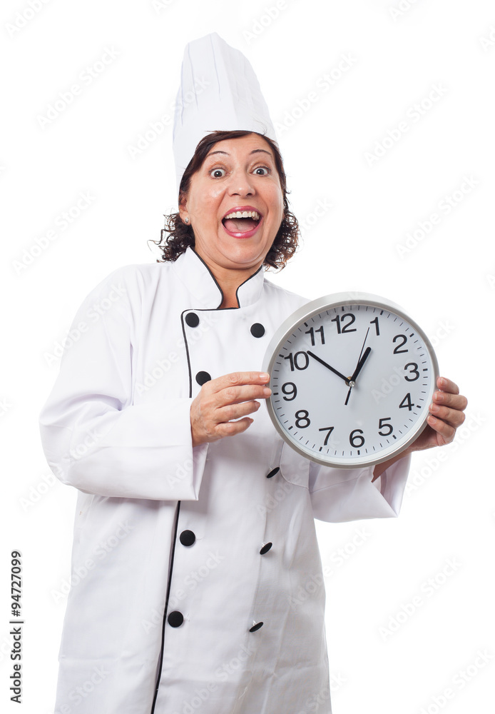 portrait of a mature woman holding a clook over white portrait of a mature woman holding a clook over white