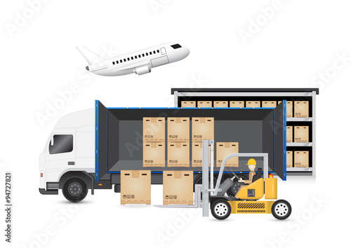 Operator handling cardboard box on pallet into storage, open cargo container by forklift. Vector illustration of logistic, shipping, delivery by truck and aircraft. Freight transport industry.