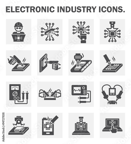 Computer maintenance service, electronics repair and assembly vector icon. Include engineer or technician, microchip, multimeter, gun and laptop. To electrical measurement, circuit board soldering.