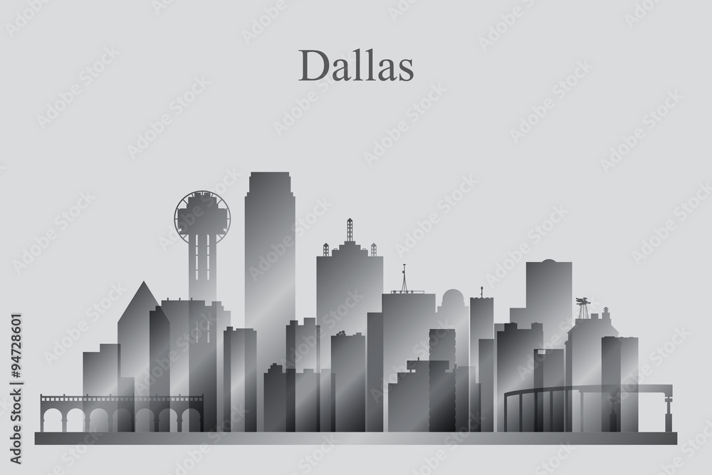 Dallas city skyline silhouette in grayscale