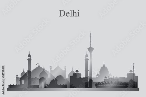 Delhi city skyline silhouette in grayscale