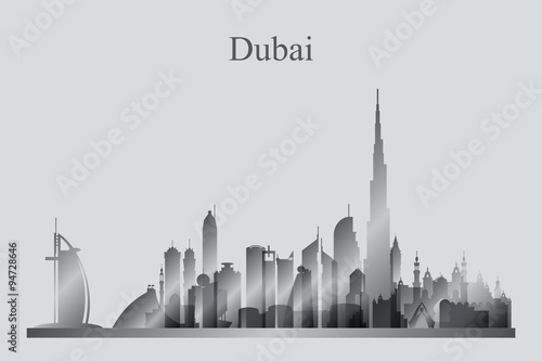 Dubai city skyline silhouette in grayscale