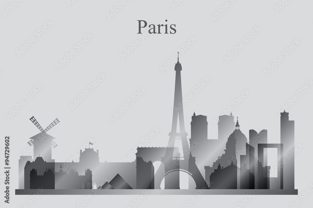 Paris city skyline silhouette in grayscale