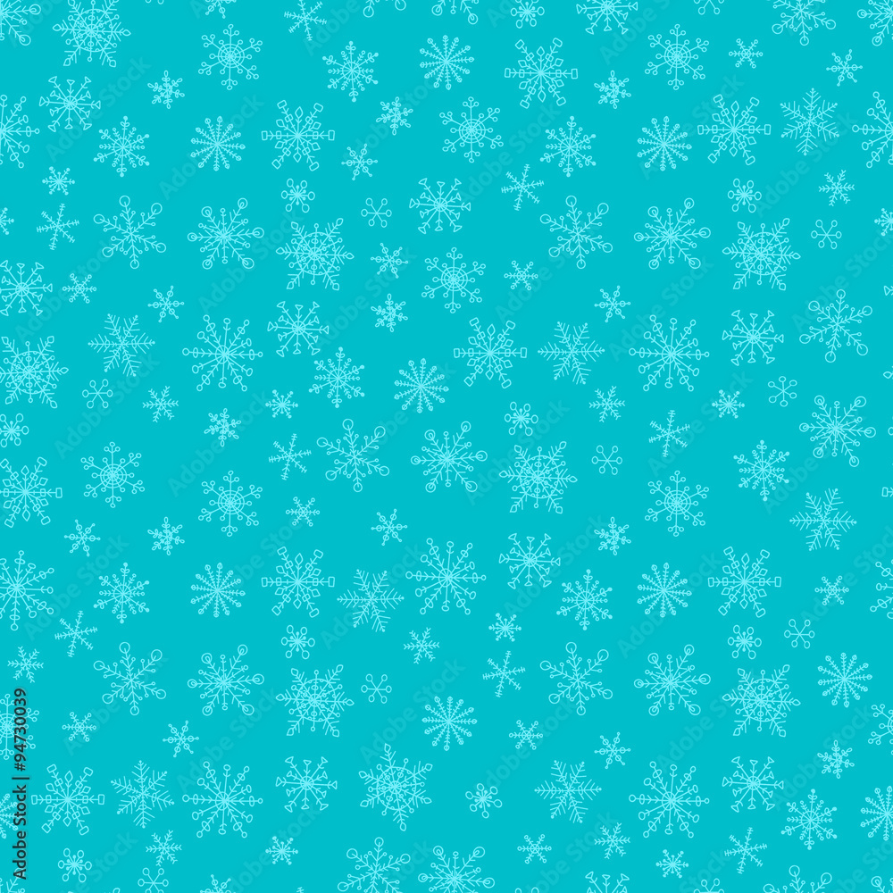 Seamless pattern with hand drawn doodle snowflake. Vector winter pattern. White snowflakes on mint background. Seamless pattern with hand drawn doodle snowflake. Vector winter pattern. White snowflakes on mint background.