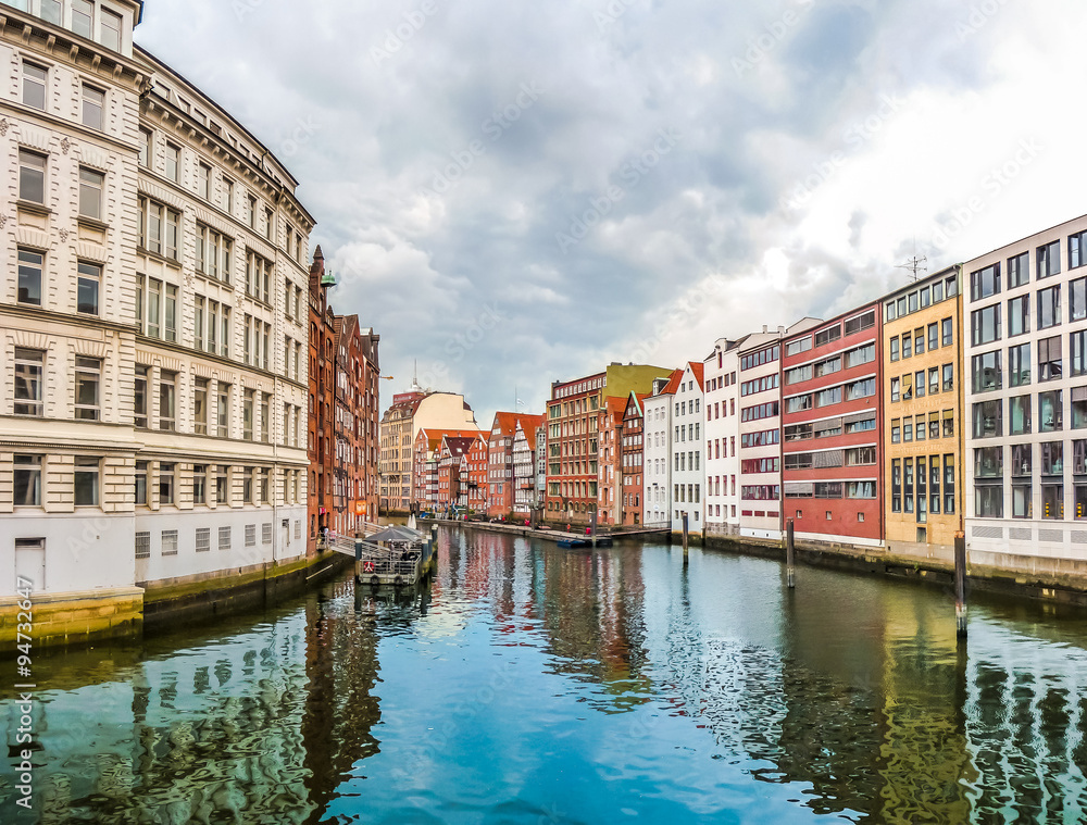 Colorful houses and Nikolaifleet in Altstadt quarter, Hamburg, Germany