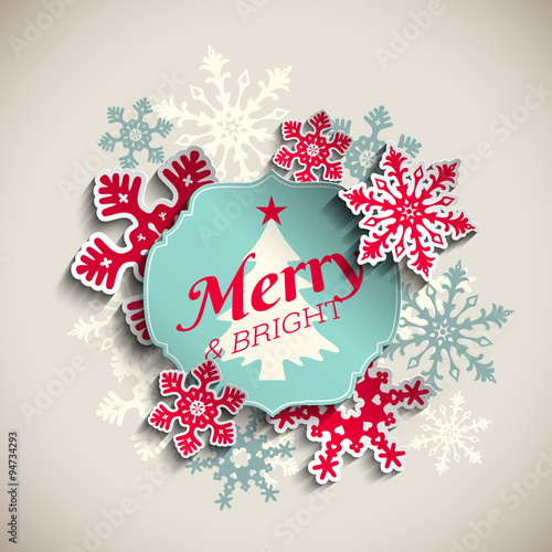 Christmas greeting card, text merry and bright with abstract snowflakes, illustration